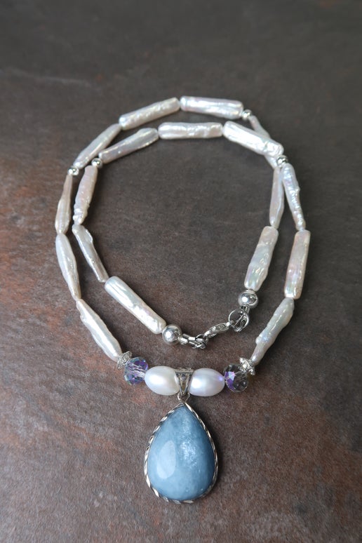 Freshwater Pearl & Aquamarine Pendant Necklace
