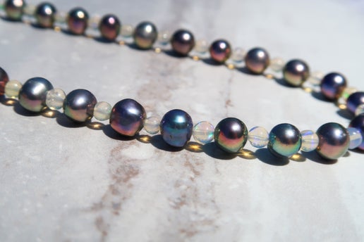Natural Opal & Freshwater Peacock Pearl Necklace