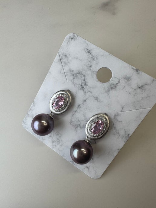 Pink Sapphire & Purple Edison Pearl Earrings -925