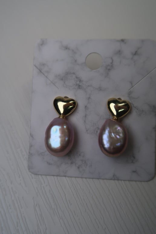 Natural Pink Pearl Gold Plated Heart Studs