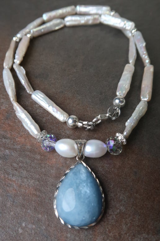 Freshwater Pearl & Aquamarine Pendant Necklace