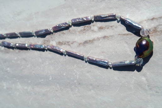 Freshwater Silver Blue Stick Pearl & Peacock Baroque Necklace