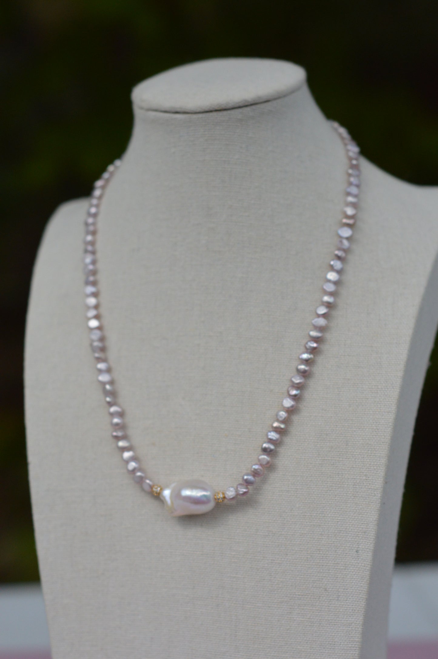 Metallic Pink Freshwater Pearl Necklace with White Baroque Center – 17–19"