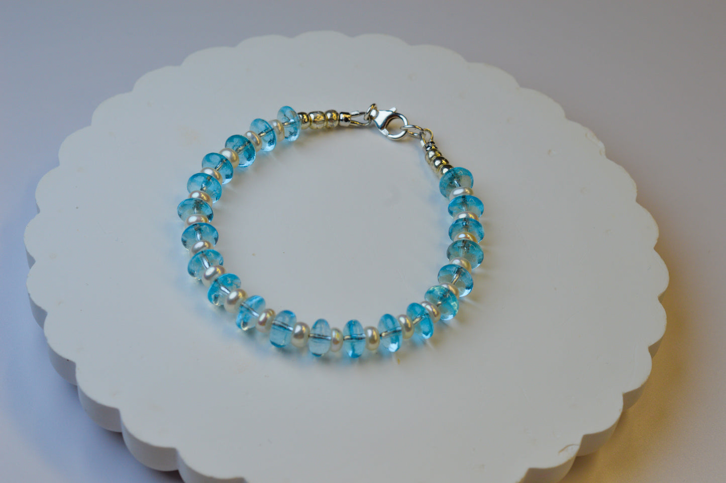 Aquamarine & Pearl Bracelet 6.75" Sterling Silver