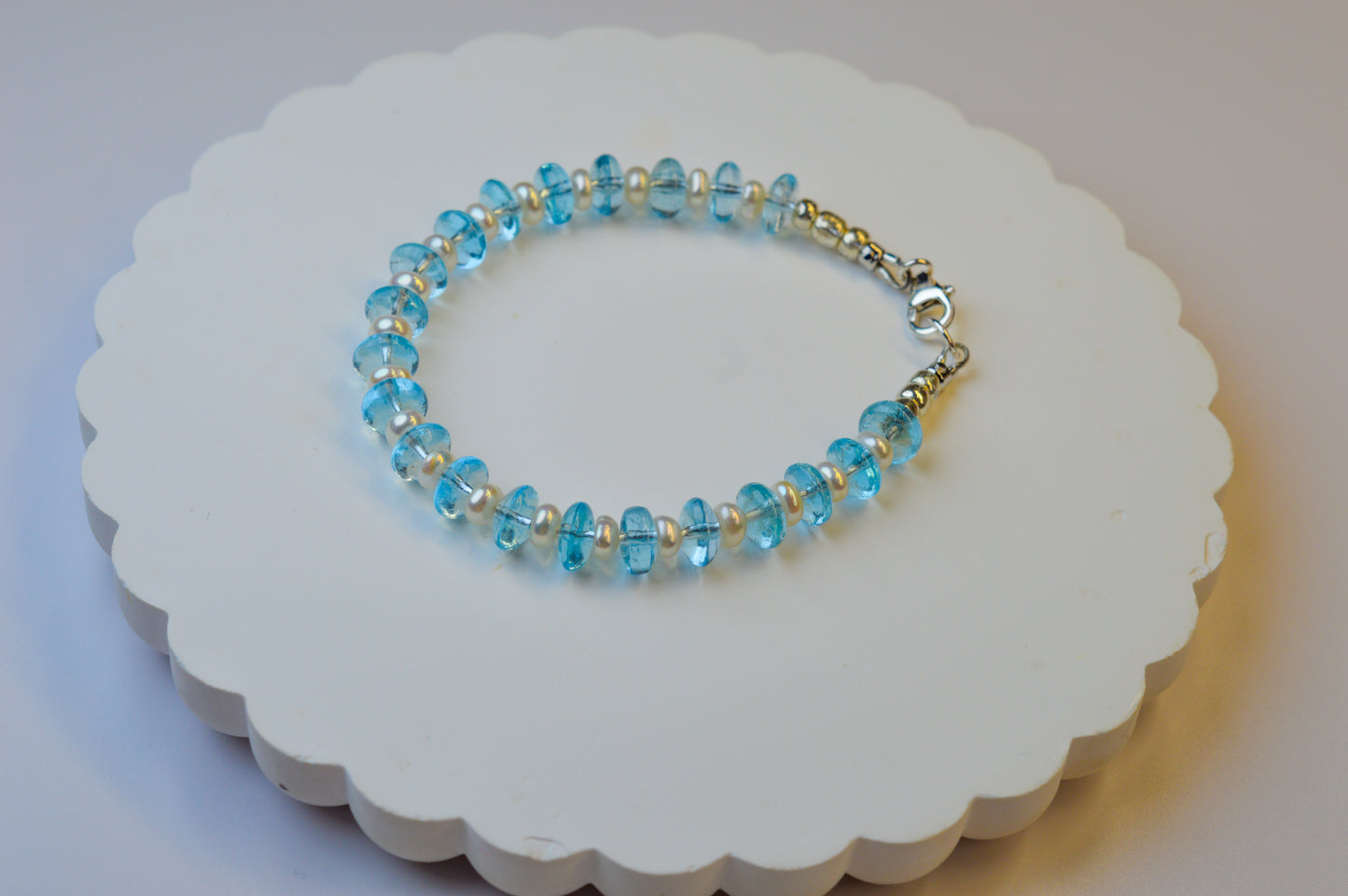 Aquamarine & Pearl Bracelet 6.75" Sterling Silver