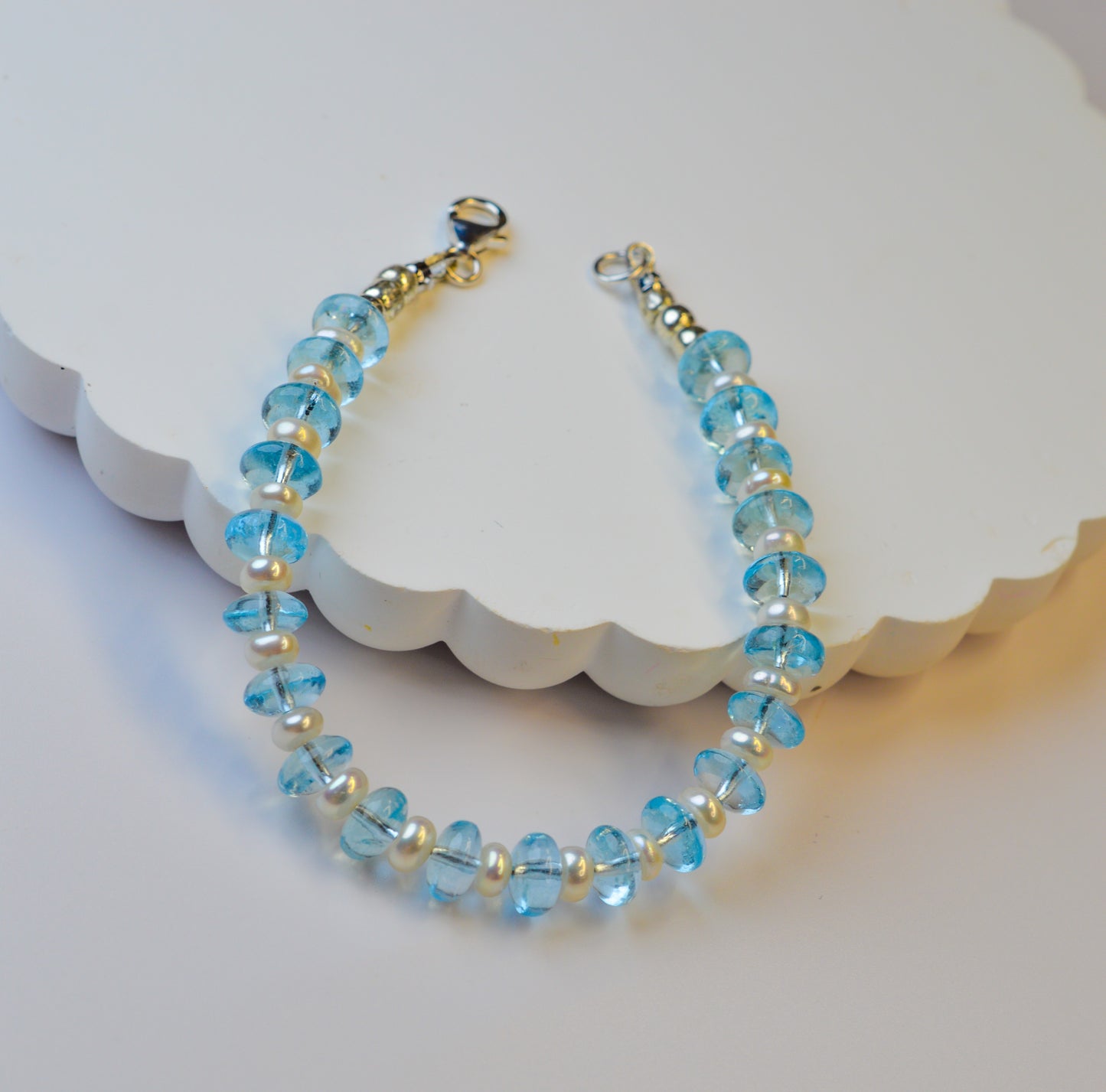 Aquamarine & Pearl Bracelet 6.75" Sterling Silver