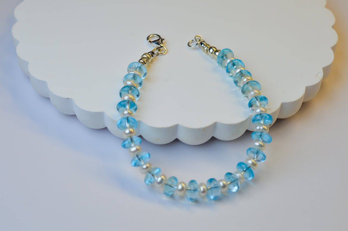 Aquamarine & Pearl Bracelet 6.75" Sterling Silver