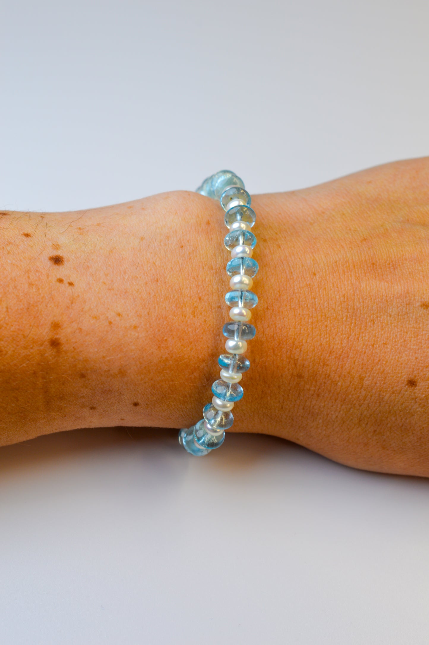 Aquamarine & Pearl Bracelet 6.75" Sterling Silver