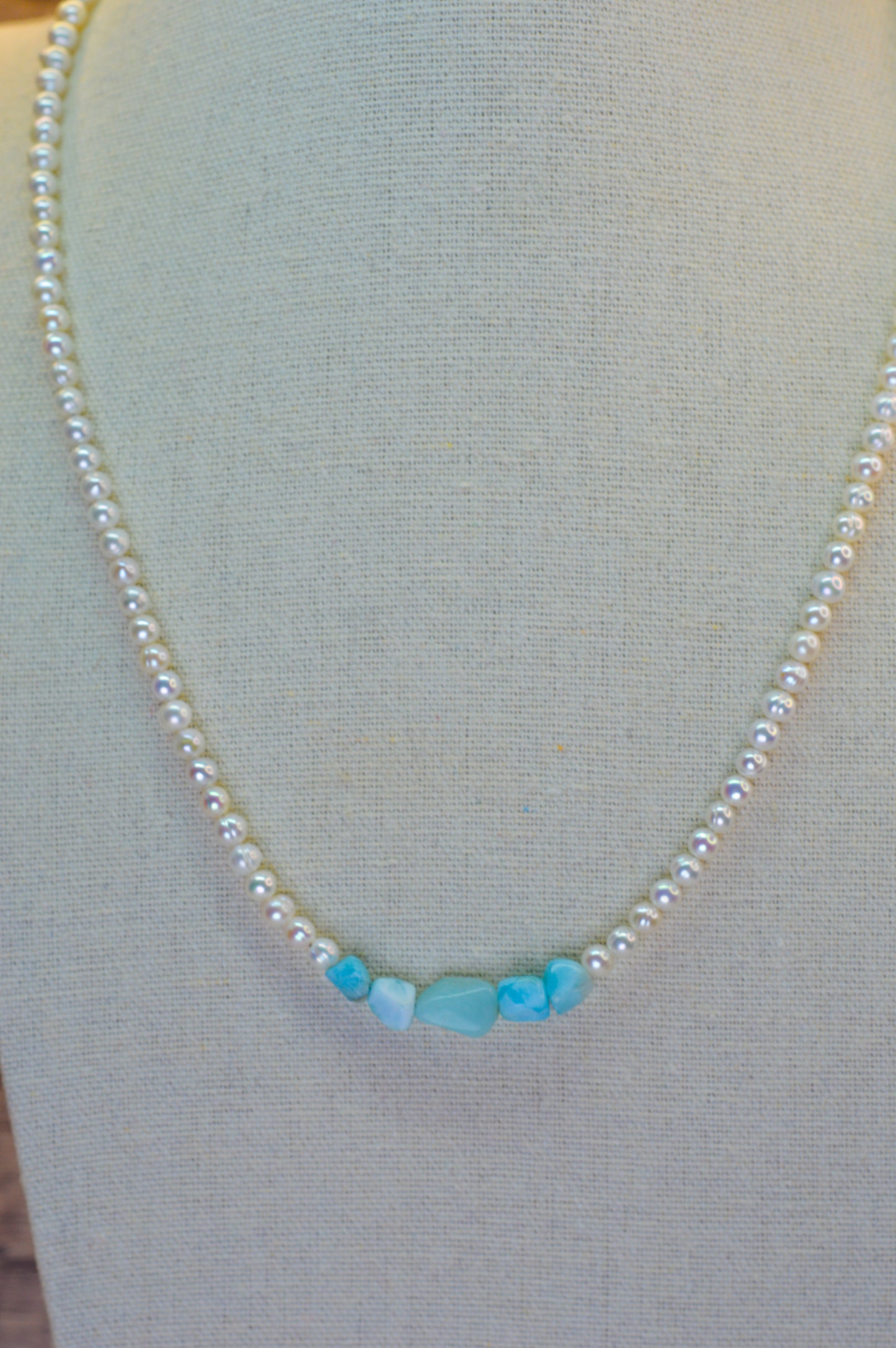 Larimar & Round Pearls Necklace 18-20"