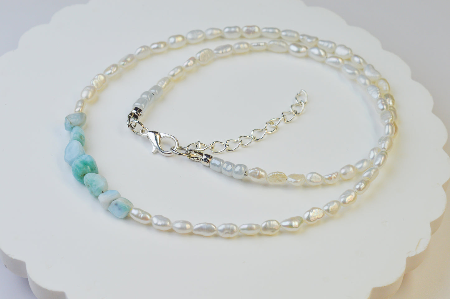 Larimar & Keshi Pearl Necklace 17.5-19.5"