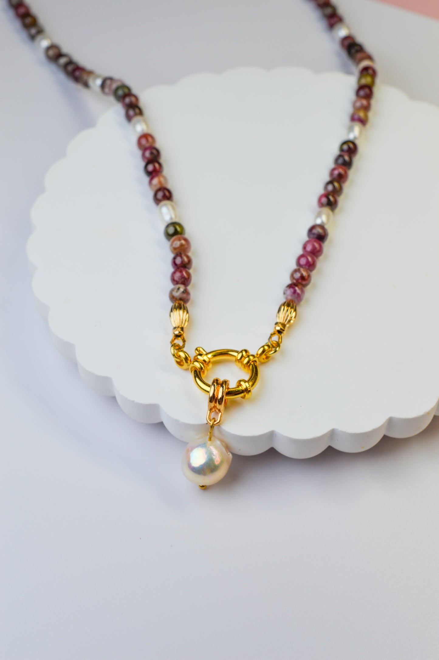 Tourmaline & Edison Pearl Pendant Necklace 20"