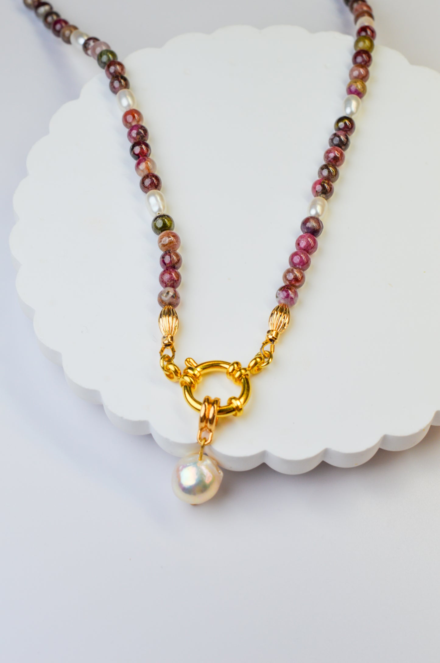 Tourmaline & Edison Pearl Pendant Necklace 20"