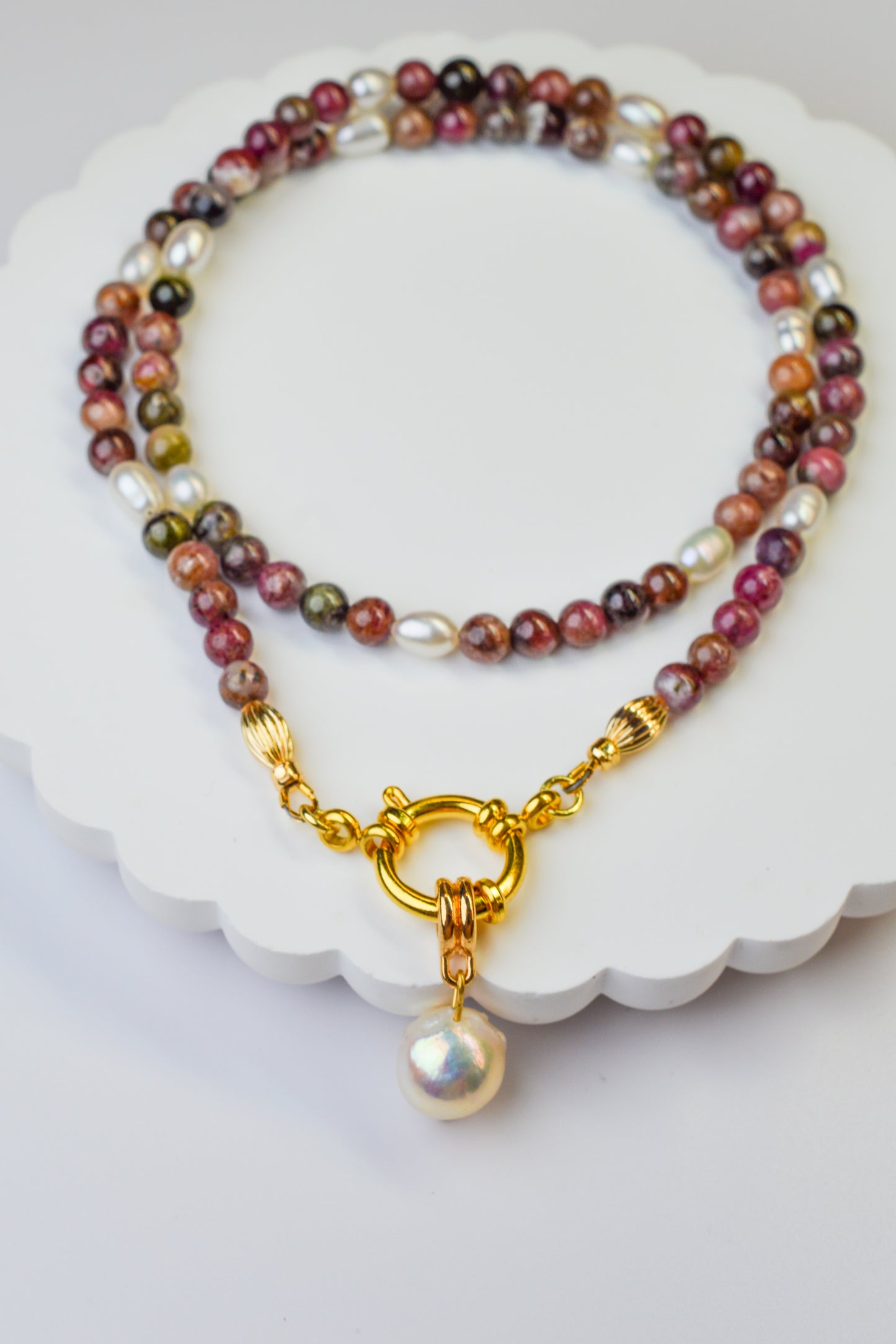 Tourmaline & Edison Pearl Pendant Necklace 20"