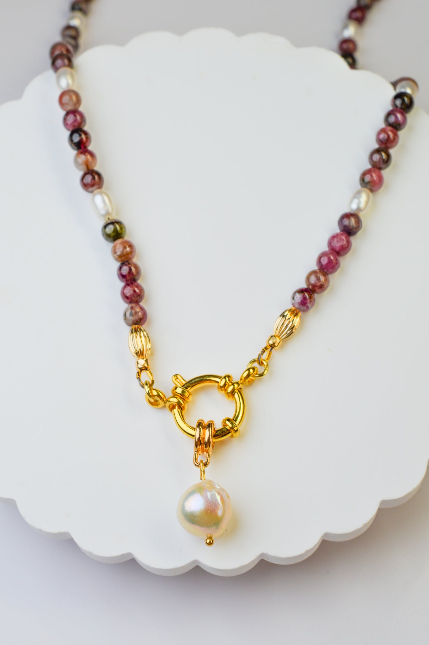 Tourmaline & Edison Pearl Pendant Necklace 20"