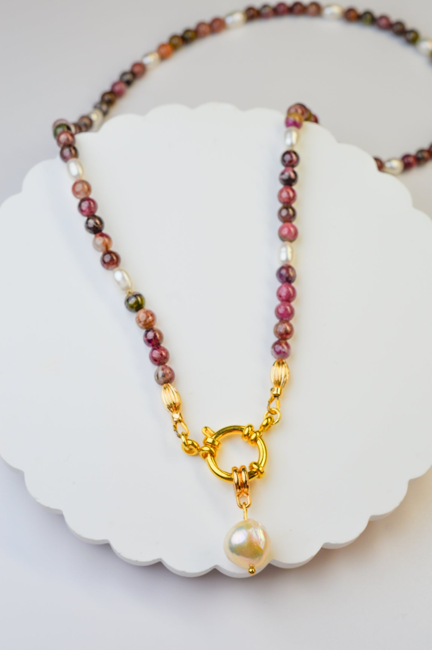 Tourmaline & Edison Pearl Pendant Necklace 20"