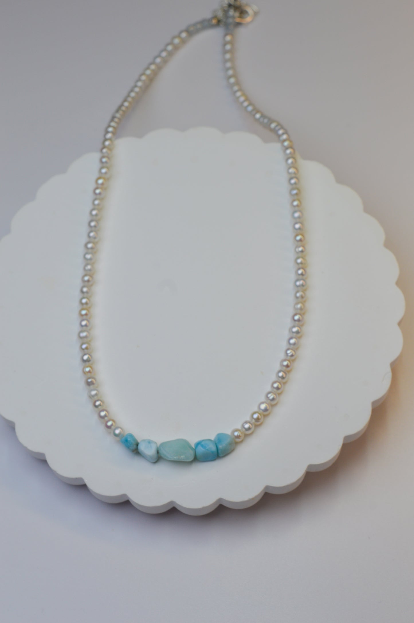 Larimar & Round Pearls Necklace 18-20"