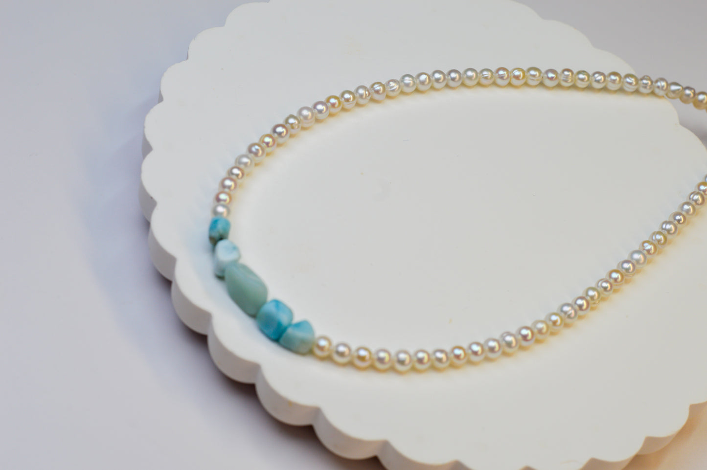 Larimar & Round Pearls Necklace 18-20"