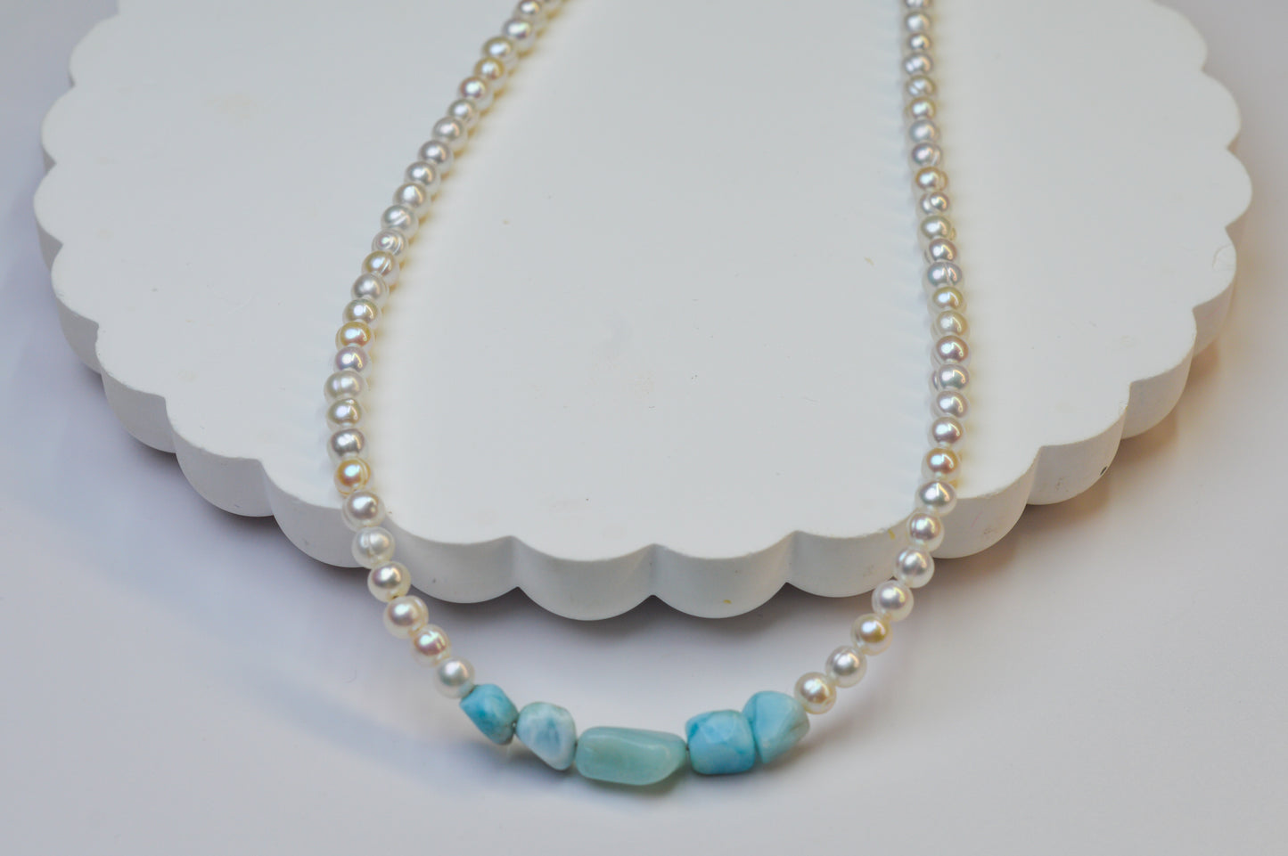 Larimar & Round Pearls Necklace 18-20"