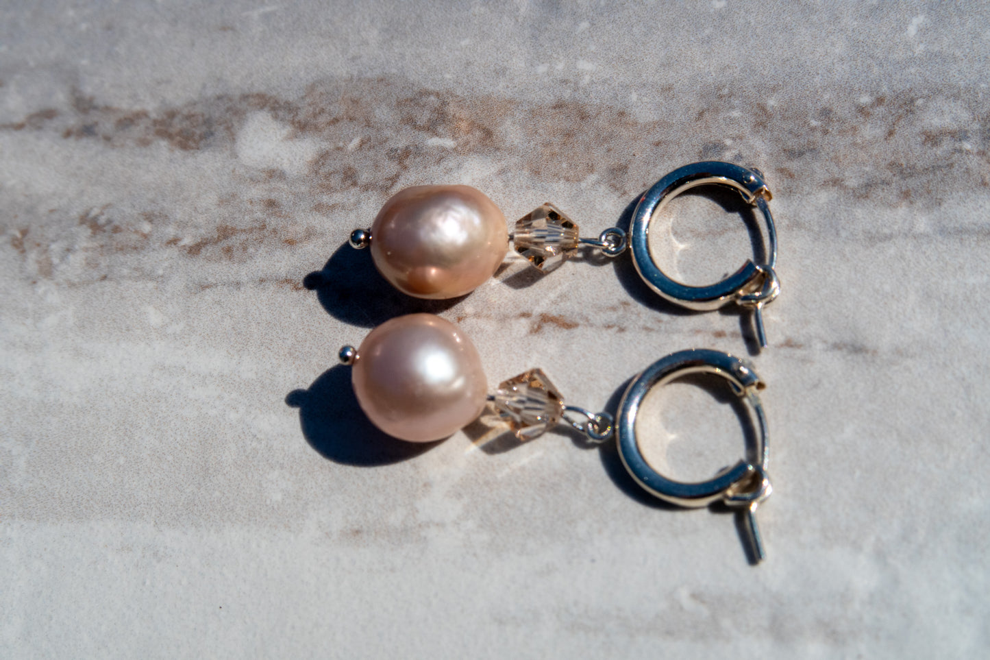 Stunning Natural Pinky Pearl Hoops - Silver