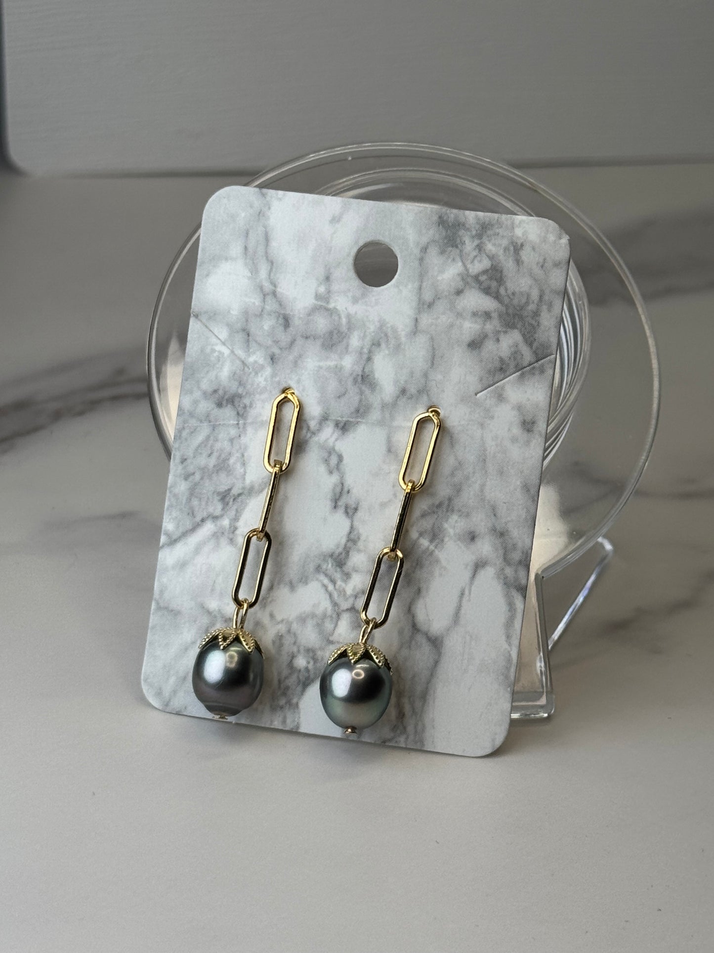Tahitian Pearl Paperclip Earrings - Gold Filled