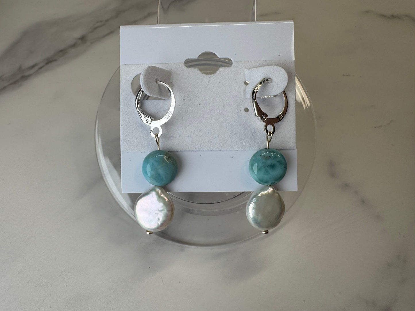 Pearl & Larimar Coin Earrings