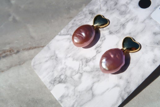 Natural Pink Pearl Gold Plated Heart Studs