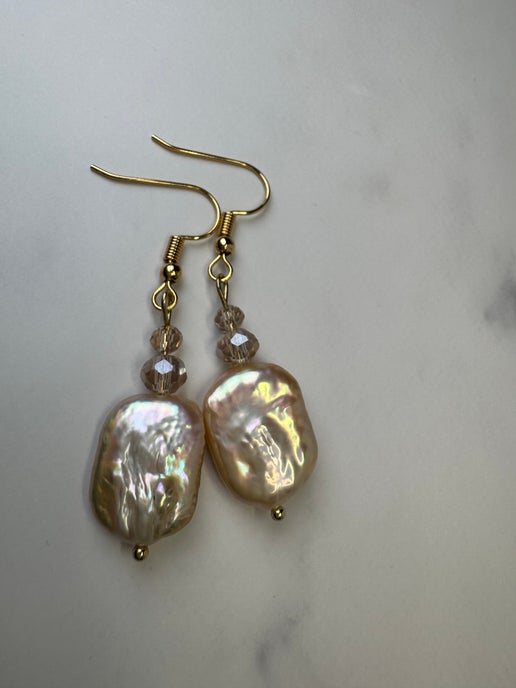 Gold Pearl & Crystal Earrings - Natural Freshwater Pearl