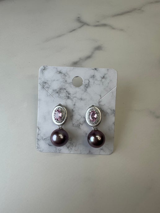 Pink Sapphire & Purple Edison Pearl Earrings -925