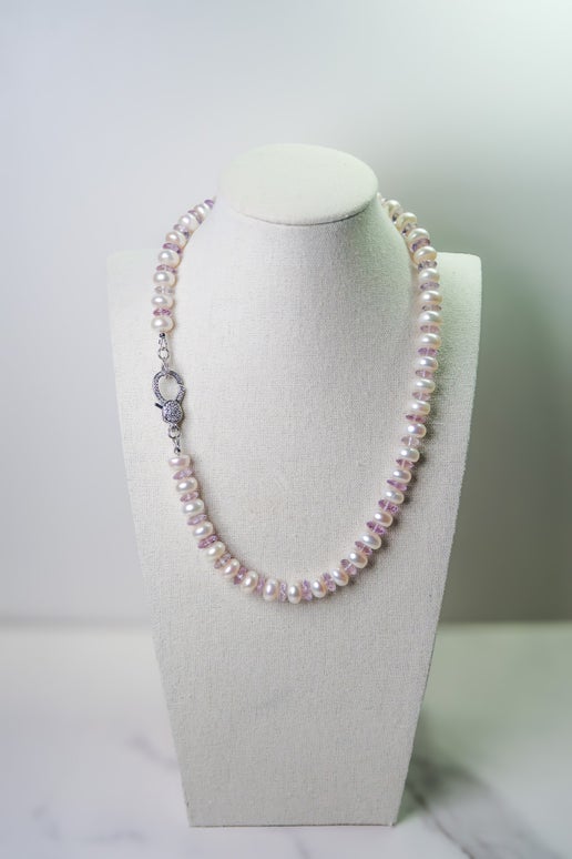 Pearl & Lavender Amethyst (10mm) Necklace - Silver Clasp