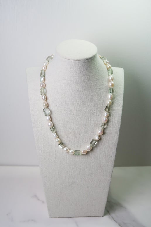 Green Amethyst & Pearl Necklace - Silver Clasp