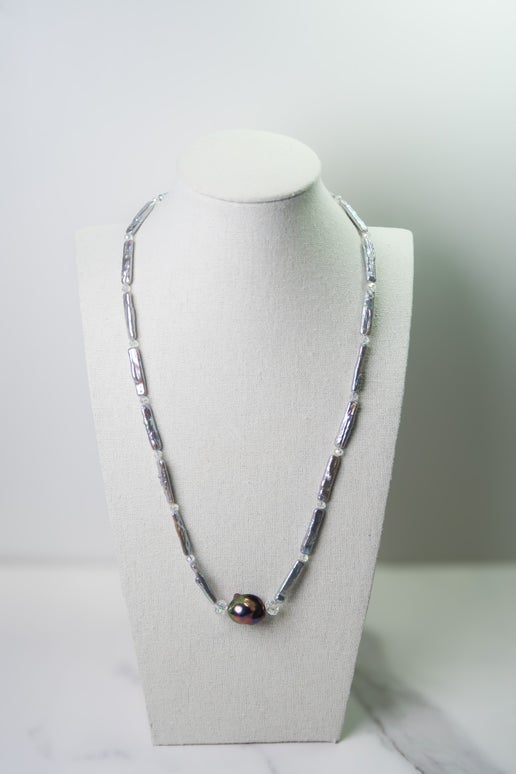 Freshwater Silver Blue Stick Pearl & Peacock Baroque Necklace