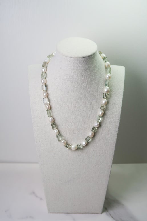 Green Amethyst & Freshwater Pearl Necklace - Gold Clasp
