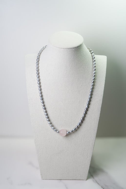 Silver Freshwater Pearl with Rose Quartz Necklace