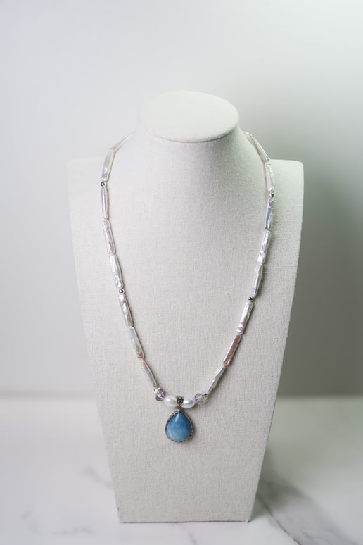 Freshwater Pearl & Aquamarine Pendant Necklace