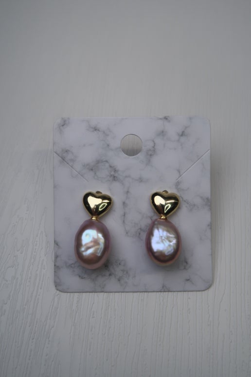 Natural Pink Pearl Gold Plated Heart Studs