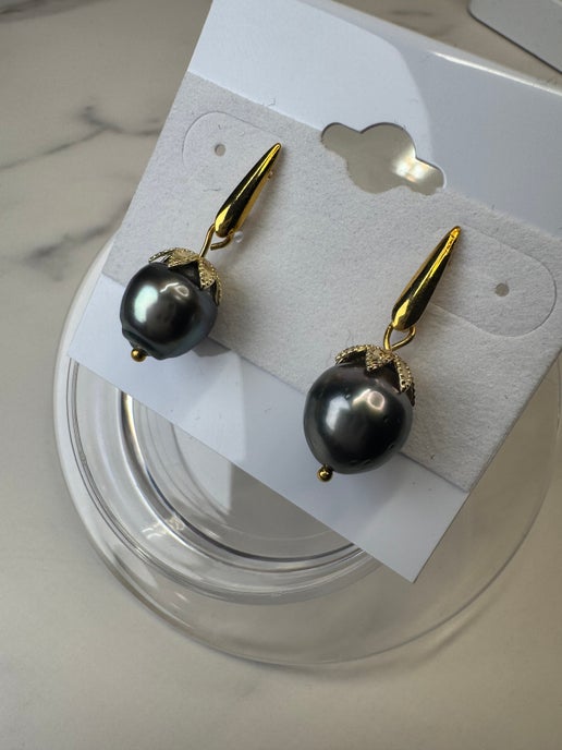 Tahitian Pearl Drop Earrings -Gold 925