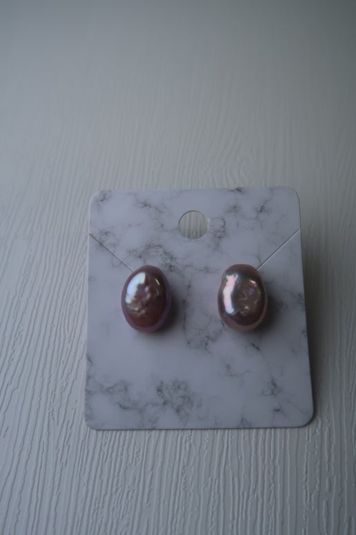 Mauve Oval Shape Natural Freshwater Pearl Studs - Sterling Silver