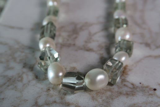 Green Amethyst & Freshwater Pearl Necklace - Gold Clasp
