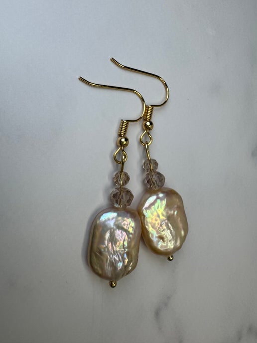 Gold Pearl & Crystal Earrings - Natural Freshwater Pearl