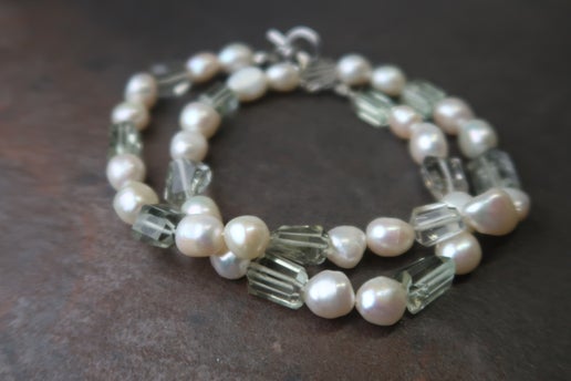 Green Amethyst & Pearl Necklace - Silver Clasp