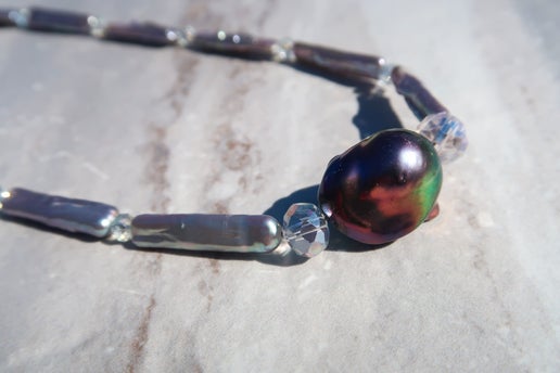 Freshwater Silver Blue Stick Pearl & Peacock Baroque Necklace