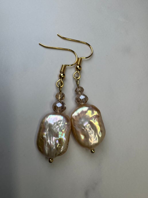 Gold Pearl & Crystal Earrings - Natural Freshwater Pearl