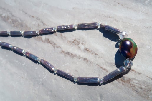 Freshwater Silver Blue Stick Pearl & Peacock Baroque Necklace