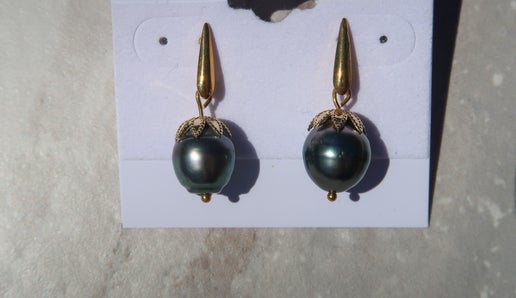 Tahitian Pearl Drop Earrings -Gold 925