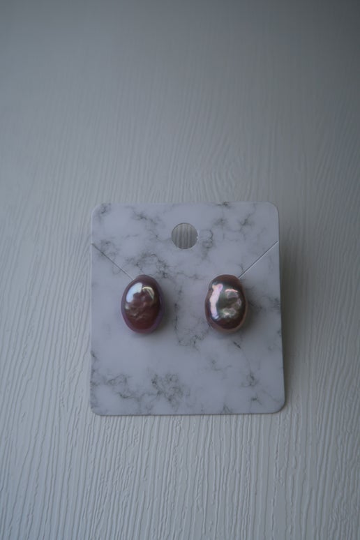 Mauve Oval Shape Natural Freshwater Pearl Studs - Sterling Silver