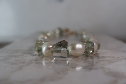Green Amethyst & Freshwater Pearl Necklace - Gold Clasp
