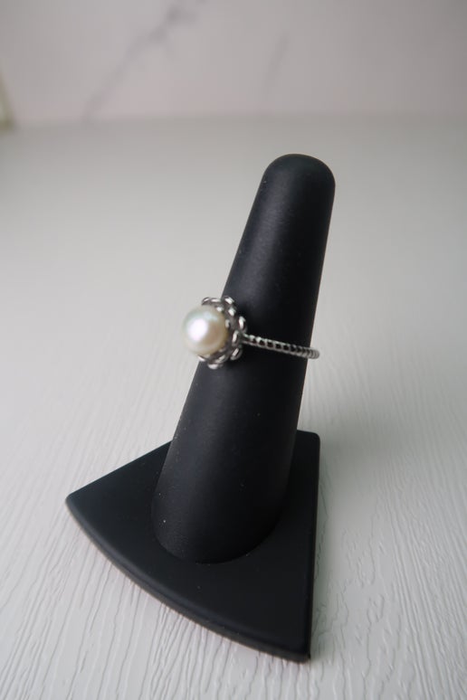 Stunning White Freshwater Pearl Flower Ring - Adjustable Band