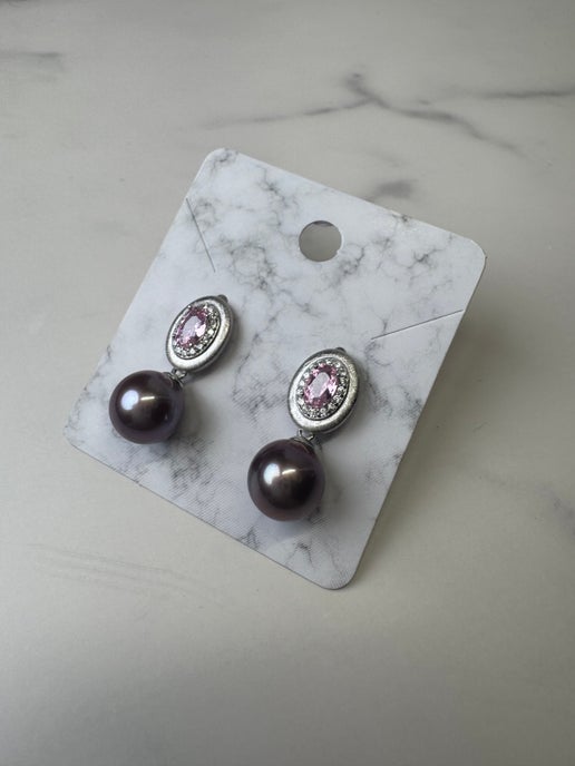 Pink Sapphire & Purple Edison Pearl Earrings -925
