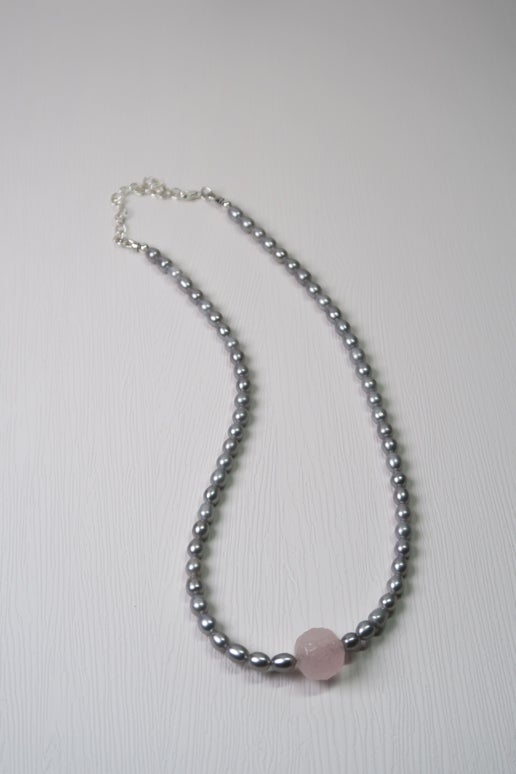 Silver Freshwater Pearl with Rose Quartz Necklace