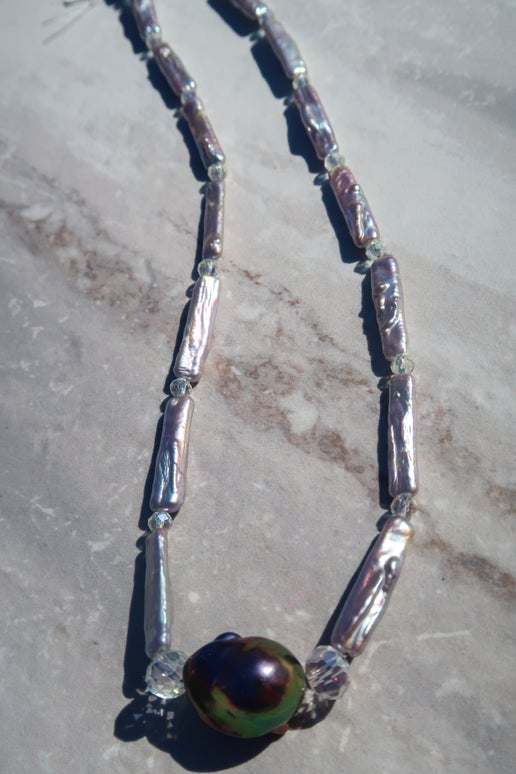 Freshwater Silver Blue Stick Pearl & Peacock Baroque Necklace